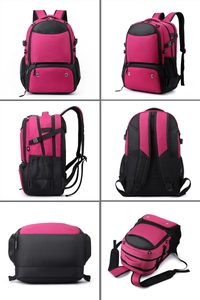 Detailed multi-angle views of pink and black sports backpack with breathable mesh back
