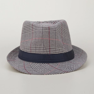 Detail of grey plaid trilby hat with red pinstripes and navy blue satin ribbon band