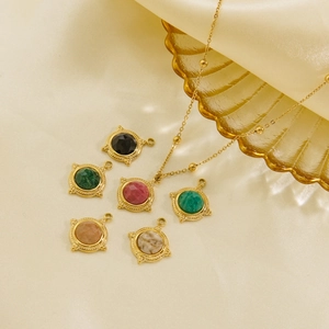 French Vintage 14K Gold Plated Stainless Steel Natural Stone Pendant Necklace Elegant Geometric Beaded Chain Jewelry For Women