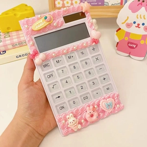 Detailed handheld view of a DIY pink cream glue calculator with cute resin charms and pearls