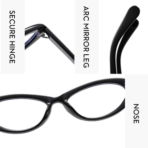 Detail view showing secure hinges, arc mirror legs, and nose pads of black cat-eye frames