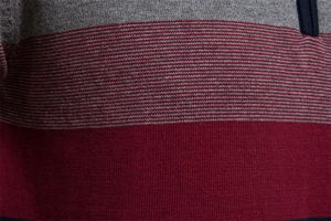 Gros plan détaillé sur la texture en maille fine et le motif rayé du pull pour hommes