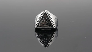 Macro detail of Eye of Providence vintage titanium steel ring with engraved flame patterns