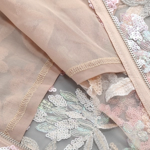 Macro shot of embroidered mesh dress detail with sequins and metallic zipper closure