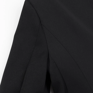 Detailed close-up of woven fabric texture and shoulder stitching on a black blazer