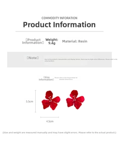 Size chart showing dimensions and weight of red resin flower earrings with metal detail