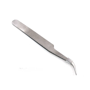 Close-up of 11.5cm curved stainless steel tweezers with protective tip for DIY crafts