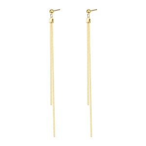 Long golden tassel earrings featuring asymmetric metal chains and spherical studs