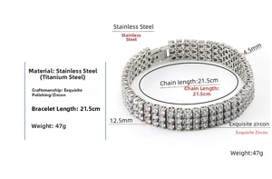 Detailed view of silver stainless steel bracelet with three rows of clear crystals