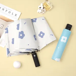 Automatic sun and rain umbrella with blue floral pattern and matching storage sleeve