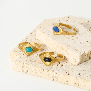 Vintage 18k gold plated stainless steel open rings with natural stone insets on stone tray