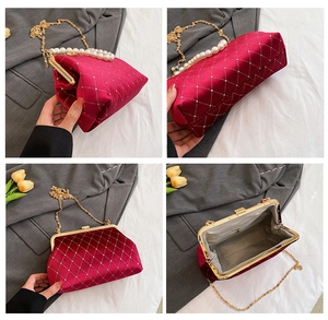 Detailed views of red velvet shell bag with diamond quilt, pearl handle and gold chain