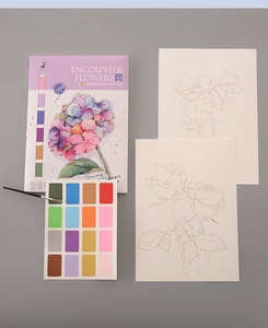 Detail view of flower watercolor DIY kit with 20-color paint palette and brushes
