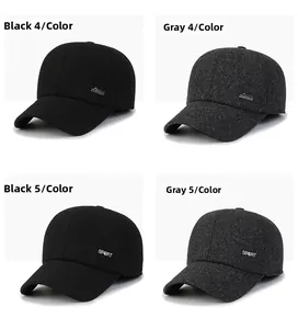 Detailed macro view of winter baseball caps with thick wool fabric and side metal sports logo