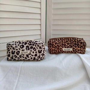 Vintage leopard print corduroy pencil case and cosmetic bag in white and brown