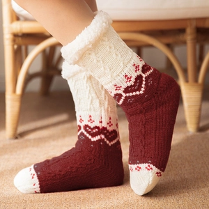 Thick winter floor socks with red Nordic pattern and white faux fur cuffs for women