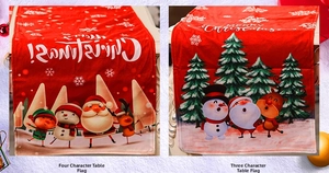 Detail of red festive table runners featuring cartoon Santa and snowman illustrations