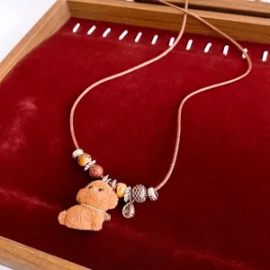 Flocked Dog Pendant Necklace Wood Ceramic Beaded Retro Cartoon Sweater Chain For Women Jewelry Accessory