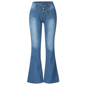 Jean bleu à taille haute pour femme avec braguette à boutons et grandes poches