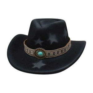 Western black wool felt cowboy hat with grey stars, turquoise bead and woven band