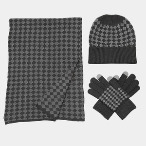 Winter 3-piece set with checkered knitted scarf, beanie hat, and touchscreen gloves in dark grey
