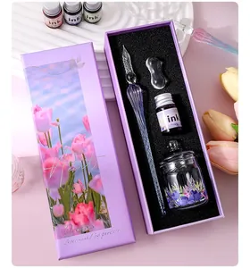 Exquisite purple gradient glass dip pen set with ink and holder in a floral gift box