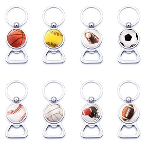 Set of 8 metal sports themed beer bottle openers featuring basketball and football patterns