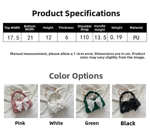 Detailed size specifications table for the bow shoulder bag with PU leather material info