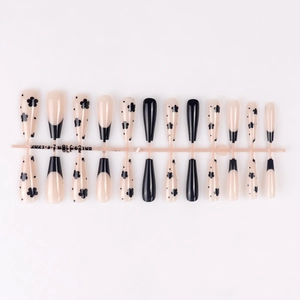 French style long ballet press-on nails with black floral and classic tip designs