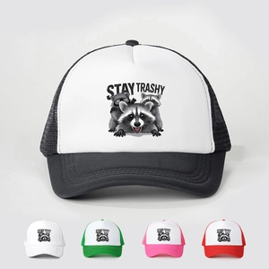 Stay Trashy Raccoon Print Trucker Hat Mesh Breathable Polyester Summer Sun Protection Adjustable Baseball Cap Vintage Unisex