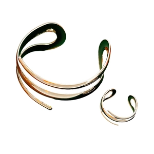 Minimalist rose gold hollow geometric line cuff bracelet and matching ring jewelry set