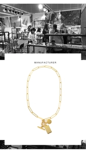 Detail of gold paperclip chain necklace with toggle clasp and geometric pendants