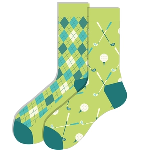 Detail view of cotton socks with green argyle pattern and golf motifs on a white background