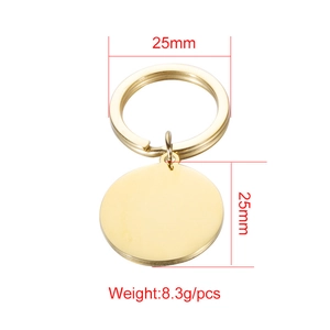 Polished gold stainless steel round keychain with 25mm diameter disc and ring pendant