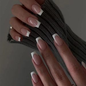 French Press On Nails Long Square Nude Pink And White Tips Plastic Removable Full Cover Fake Nails For Women