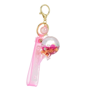 Pink sakura quicksand lollipop keychain with golden bear doll and acrylic bottle charm