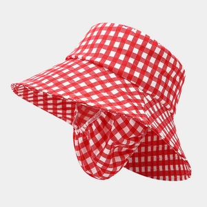 Detail view of red and white plaid outdoor sun hat with face and neck protection cover