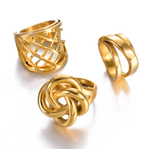 Three-piece gold stainless steel ring set featuring hollow mesh, double layer, and knot designs