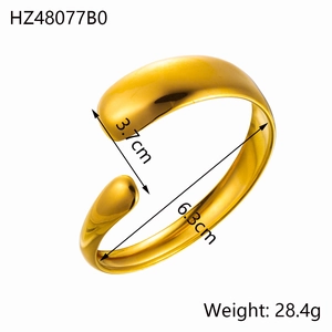 Detail view of 18k gold plated stainless steel open bangle with size and weight specs