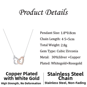 Detail view of interlocking heart necklace with rose gold finish and product dimensions