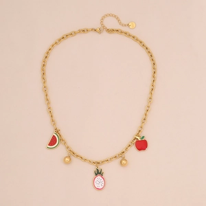 Gold chain necklace with fruit pendants featuring watermelon, dragon fruit, and apple charms