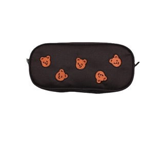 Brown canvas pencil case with cute orange bear embroidery and a large capacity zipper