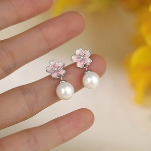 Pink cherry blossom stud earrings in S999 sterling silver with white pearls