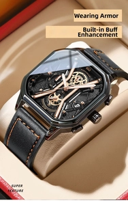 Macro detail of Poedagar chronograph watch with leather strap and rose gold markers