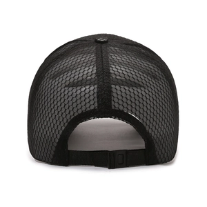 Breathable black mesh baseball cap with honeycomb structure and adjustable buckle strap