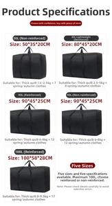 Detailed size chart for Oxford moving bags showing capacities from 50L to 100L options