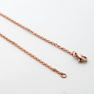 Rose gold stainless steel link necklace featuring a lobster clasp on a white background