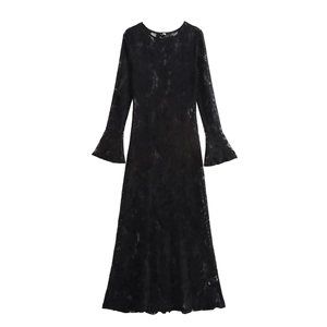 Elegant Black Lace Maxi Dress Long Flare Sleeve Round Neck Slim Fit Sexy Party Evening Dresses For Women