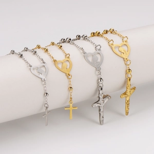 Bracelet chapelet en acier inoxydable plaqué or 18k avec breloques cœur et croix de jésus