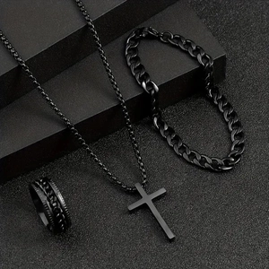 3-piece men's black jewelry set with cross necklace, cuban bracelet, and textured ring
